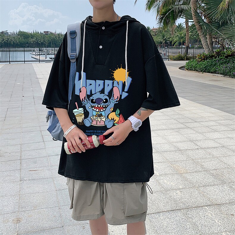 LD54077-P45连帽短袖t恤男大码胖子带帽五分袖中袖,男装T恤,电商A040