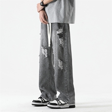 【现货】新款破洞牛仔裤宽松直筒复古抽绳港风百搭休闲水218-P40，男装牛仔裤，星座1006-1