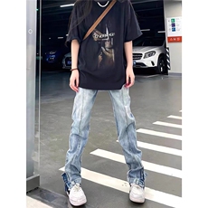 设计感分割开叉调节牛仔裤男女欧美式高街vibe风直筒喇叭潮裤子潮，男装牛仔裤，星座506A