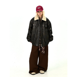 翻领毛领拼接美式复古棉服外套男女冬季新款百搭pu夹棉皮衣图片