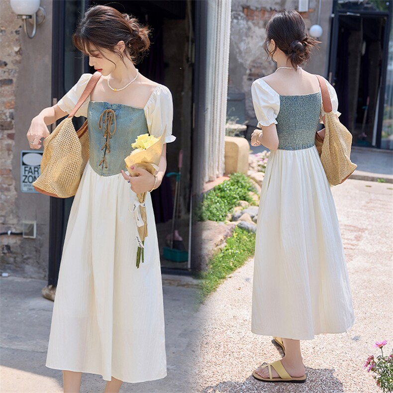 法式牛仔拼接方领连衣裙女2025夏季初恋风甜妹气质小众修身长裙子，女装连衣裙，依路服饰