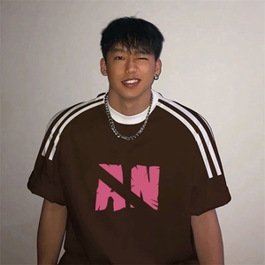 夏季美式高街重磅纯棉三条杠织带撞色男女短袖T恤ZD332-特P30,灰咖色搭配什么颜色衣服好看图片
