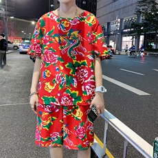 东北大花布衣服套装男春夏季短袖t恤圆领网红短裤休闲洋气时尚潮，男装休闲套装，星座115A(原星座507）