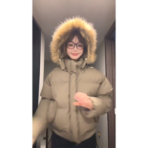 现货三防重磅硬挺boxy短款羽绒棉衣座山雕大毛毛领PU皮棉服外套冬图片