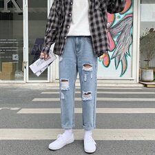 现货2021春夏季牛仔裤男青少年新款港风潮流宽松破洞裤子K901-P40，男装牛仔裤，星座308B-2