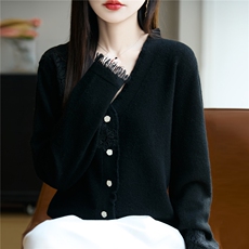 100%美丽诺纯羊毛开衫女V领流苏蕾丝绣花针织毛衣宽松羊绒衫外套，女装针织衫/毛衣，忠诺羊绒
