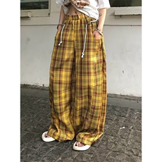 美式潮牌撞色多巴胺休闲格子弯刀裤情侣慵懒风宽松阔腿长裤，男装休闲裤，星座410-7