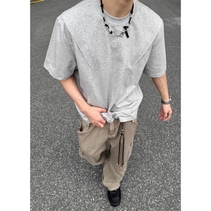 夏季新款休闲日常百搭圆领短袖男街头简约复古vintage刺绣纯色T恤图片