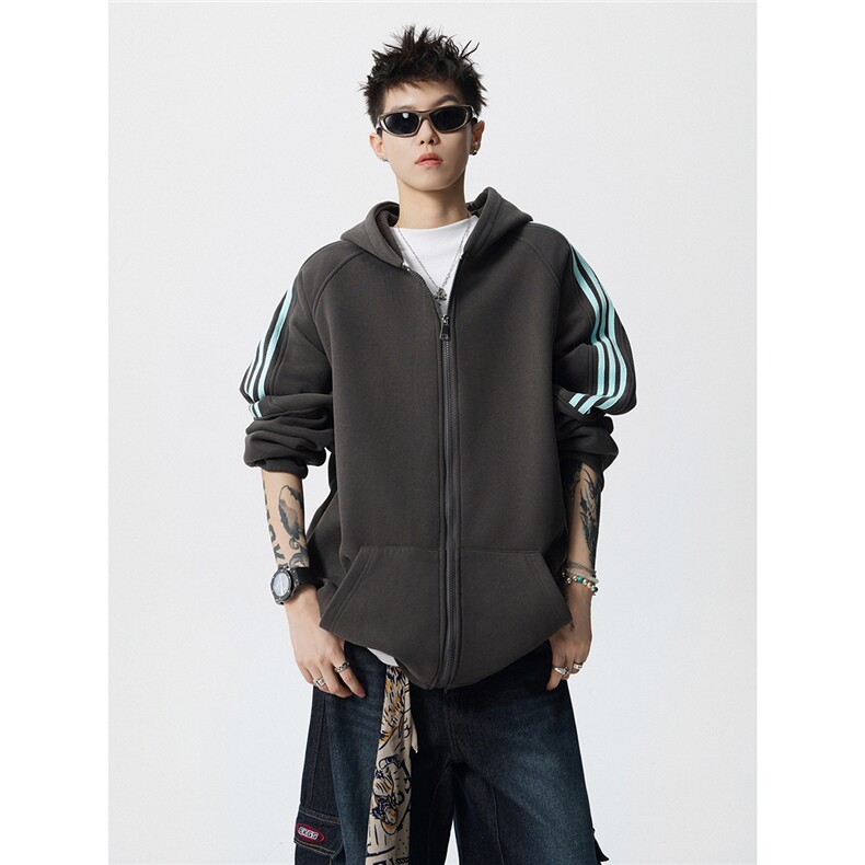 8XL-M秋冬美式运动三条杠条纹开衫卫衣连帽特大码宽松JK5206/P65,男装卫衣,电商B238