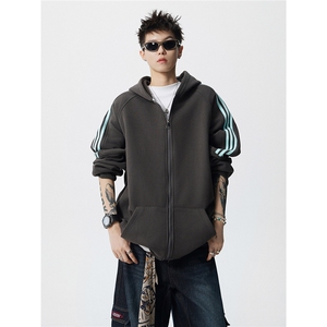 8XL-M秋冬美式运动三条杠条纹开衫卫衣连帽特大码宽松JK5206/P65图片