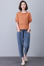 时尚宽松显瘦短袖上衣+高腰牛仔裤套装夏季休闲百搭两件套，女装套装/套裙，悦见她