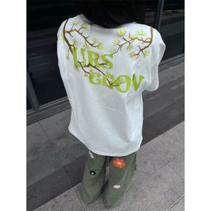 迎客松植绒刺绣t恤男款夏季美式高街情侣短袖青少年潮牌痞帅半袖图片