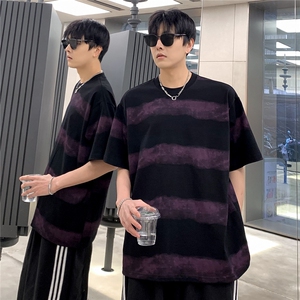 美式复古条纹T恤男款夏季扎染痞帅短袖重磅小领口半袖 T702-P28图片