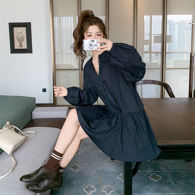 文艺风藏蓝色长袖连衣裙女夏2025超好看减龄独特漂亮松弛感小短裙,女装连衣裙,2C016