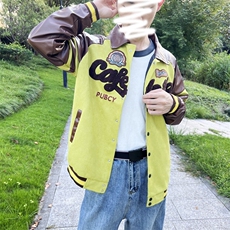 春秋季痞帅外套男款高街潮牌美式休闲棒球服宽松潮流拼皮夹克，男装夹克，星座716-3
