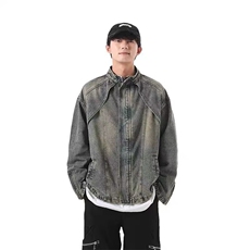 复古蓝色解构立领牛仔外套男潮牌水洗黄泥染痞帅工装夹克JK61-P75，男装工装外套，星座208-5