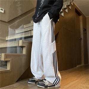 潮牌条纹运动卫裤男秋冬季潮牌潮流痞帅青少年宽松直筒休闲长裤子图片