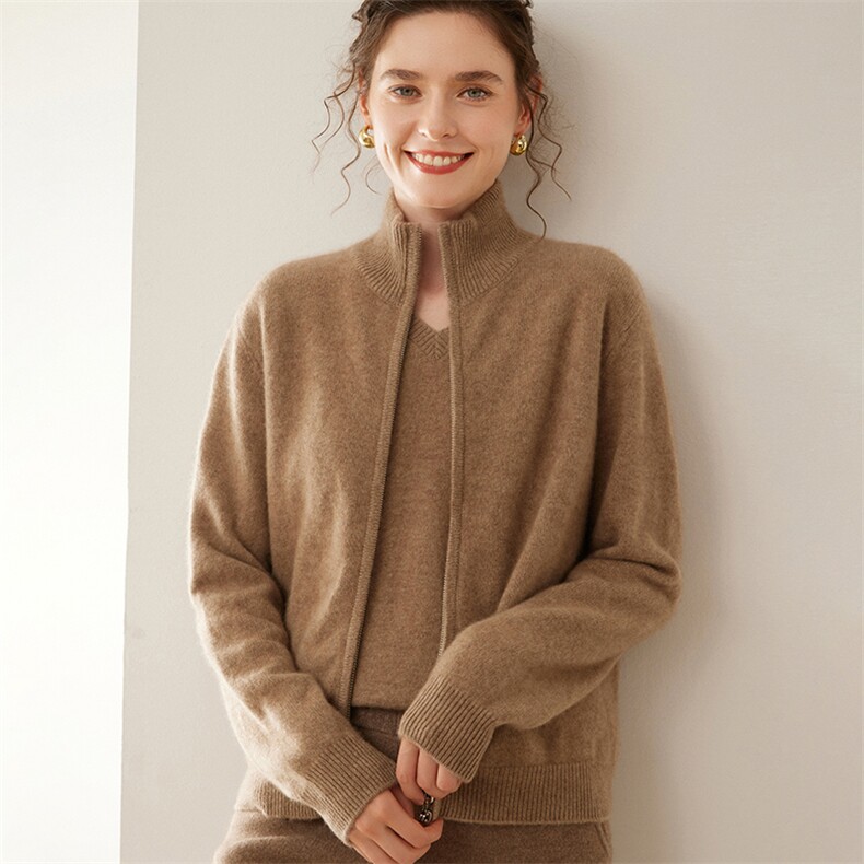 秋冬新款山羊绒开衫女半高领拉链毛衣外套加厚宽松针织羊毛打底衫，女装羊绒衫，暖凌绒