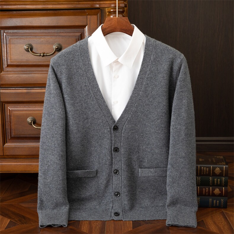 时尚男士V领单排扣开衫经典灰色百搭款舒适保暖商务休闲，男装羊绒开衫，端硕羊绒