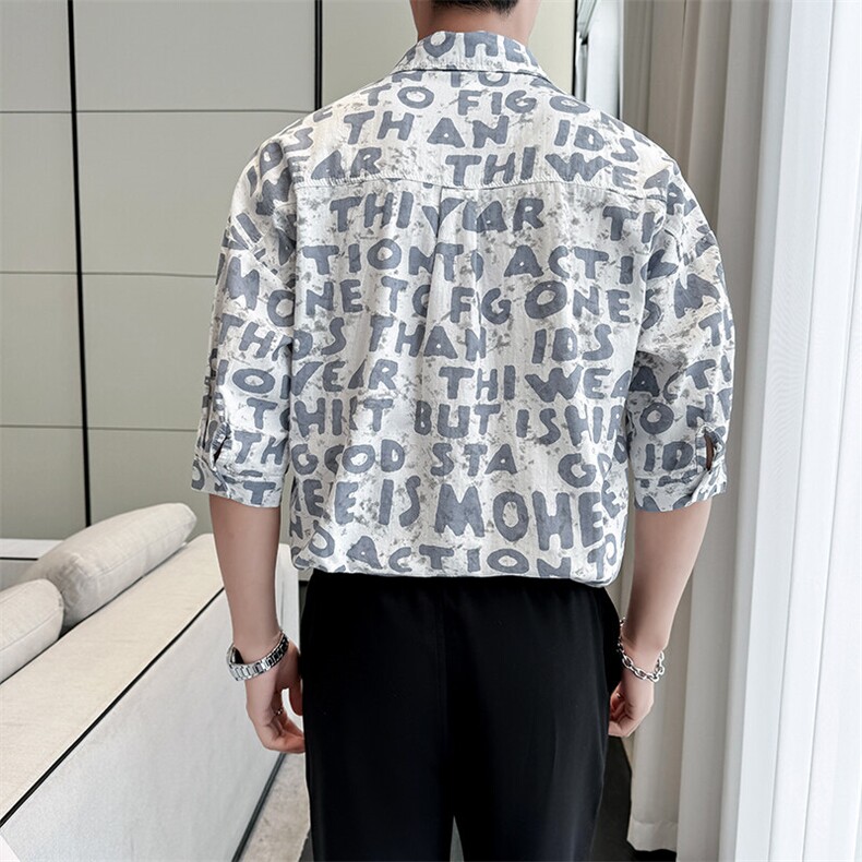2025春季新款衬衫男士夏季七分袖衬衫印花棉质上衣男901-C39P58,男装衬衫,星座901