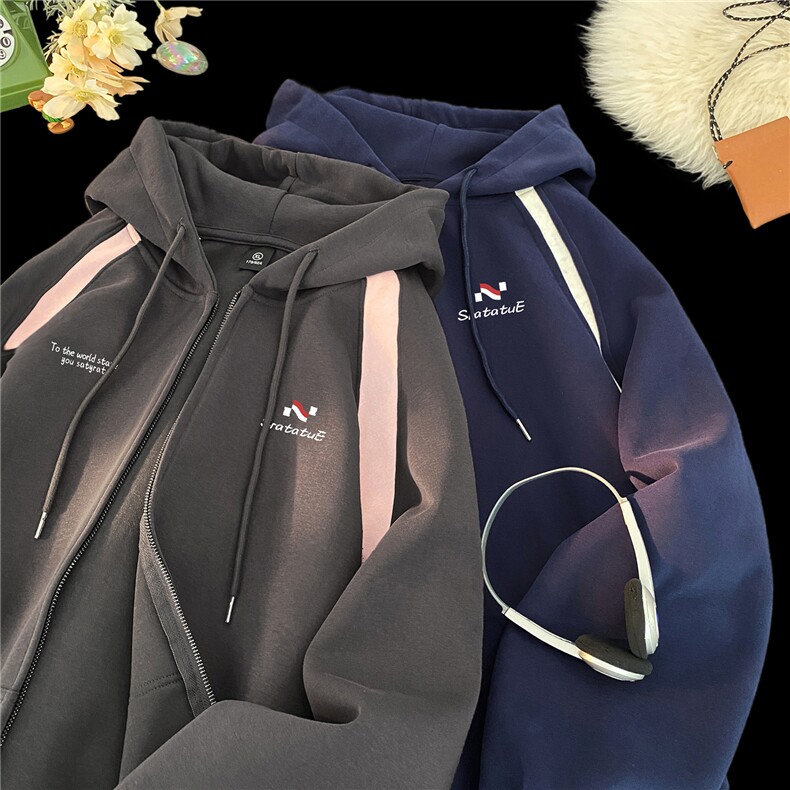 加绒加厚500克重磅撞色开衫连帽宽松卫衣男外套RH8102-P68加绒78,女装短外套,星座610B-1