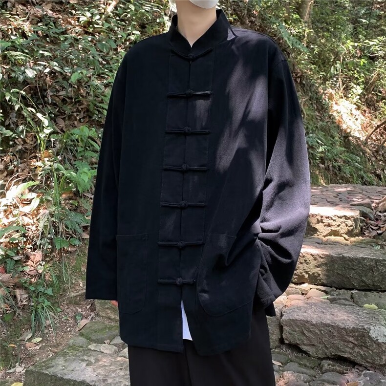 新中式国风亚麻盘扣唐装长袖黑色衬衫男装中山装道袍夏季薄款外套,男装衬衫,星座1116-2