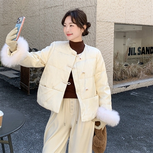 新中式人丝提花羽绒服女冬季欧货高端狐狸毛袖口90白鸭绒保暖外套