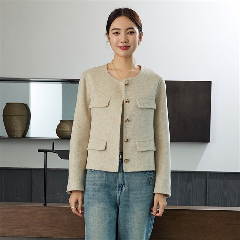 时尚百搭女士羊毛双面呢外套优雅显瘦短款设计秋冬必备单品,女装双面呢大衣,岳达羊绒