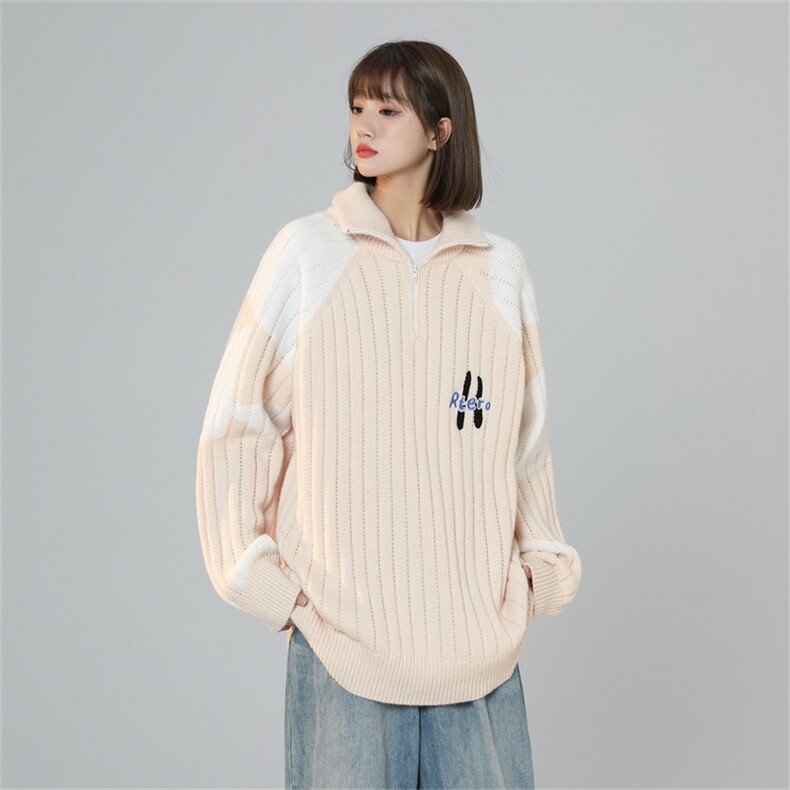 M8163/P75冬季美式复古撞色开衫毛衣外套潮牌宽松bf?百搭针织衫，女装针织衫/毛衣，电商A141