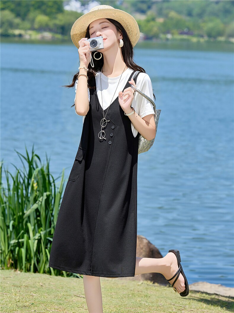 假两件休闲宽松连衣裙女2026夏季新款遮肉显瘦A字裙中长款裙子,女装连衣裙,余墨