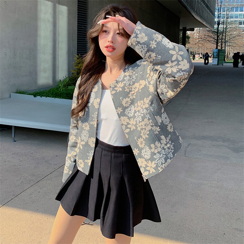 独特别致蕾丝飘带碎花外套女2025春季新款韩系休闲小个子短款上衣,女装短外套,2C098