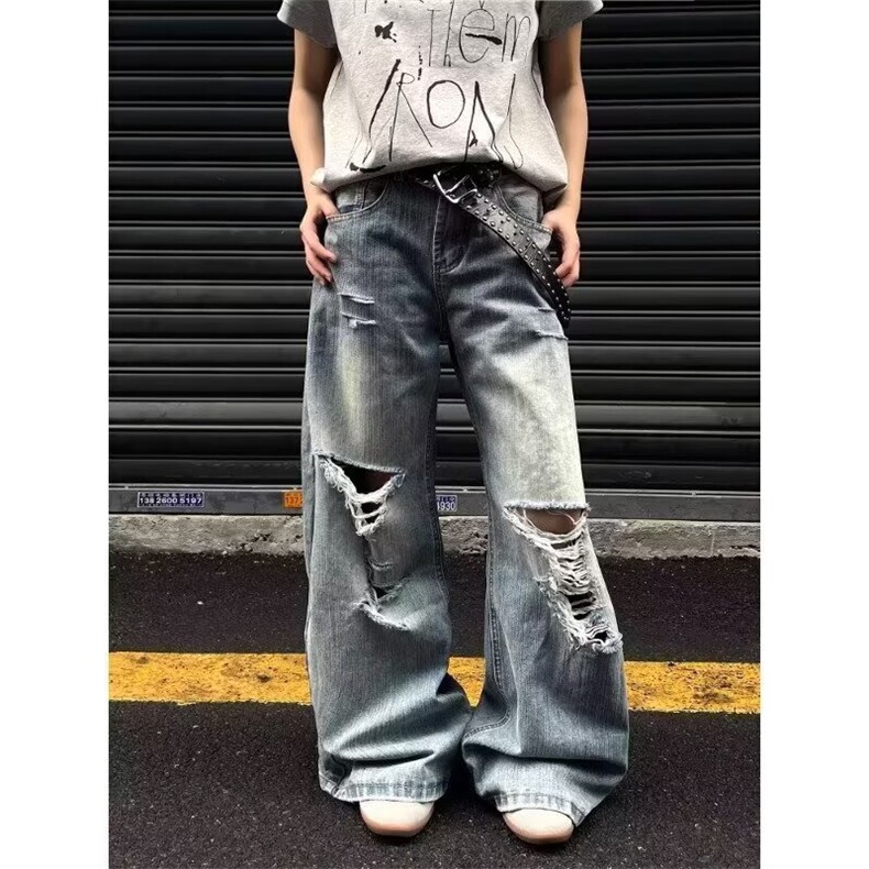 2025夏季新款小众长裤美式复古破洞设计感牛仔裤男女款A1160-P50,男装牛仔裤,星座208-5