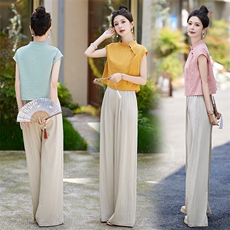 棉麻套装女夏季2025新款洋气减龄时尚新中式阔腿裤休闲两件套，女装套装/套裙，关键词