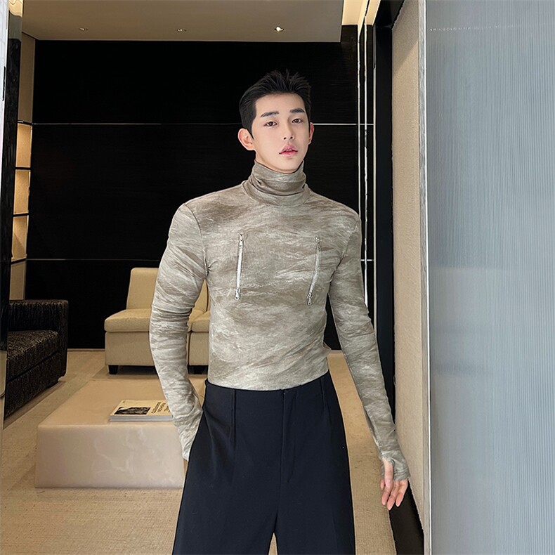 小众设计师个性拉链扎染百搭修身高领打底两色C2411图片
