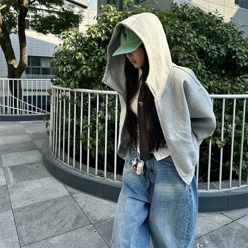 抖音得物高品质26春装美式高街重磅宽松结构高领连帽卫衣外套W60,女装短外套,电商A486-1