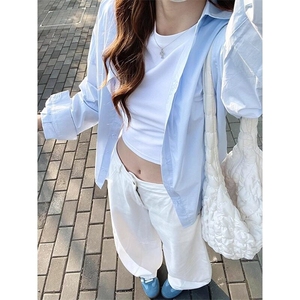 奶蓝色长袖衬衫男夏季薄款叠穿防晒衬衣纯色慵懒风外套CY35