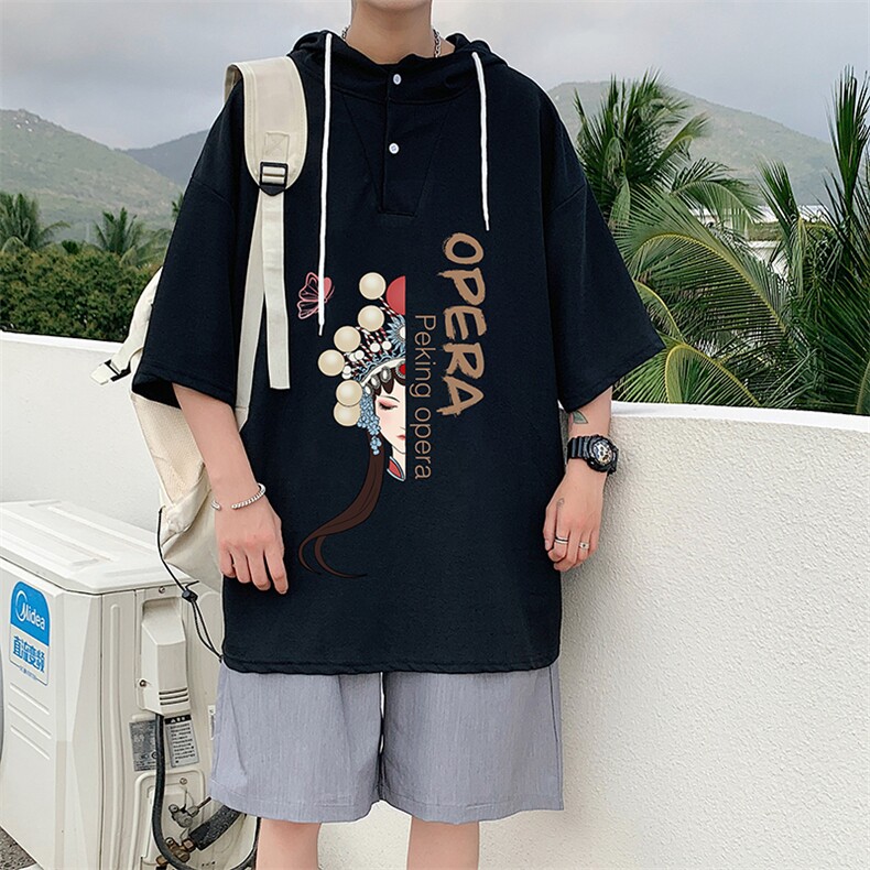 LD54161-P45 连帽短袖t恤男大码胖子带帽五分袖中袖图片