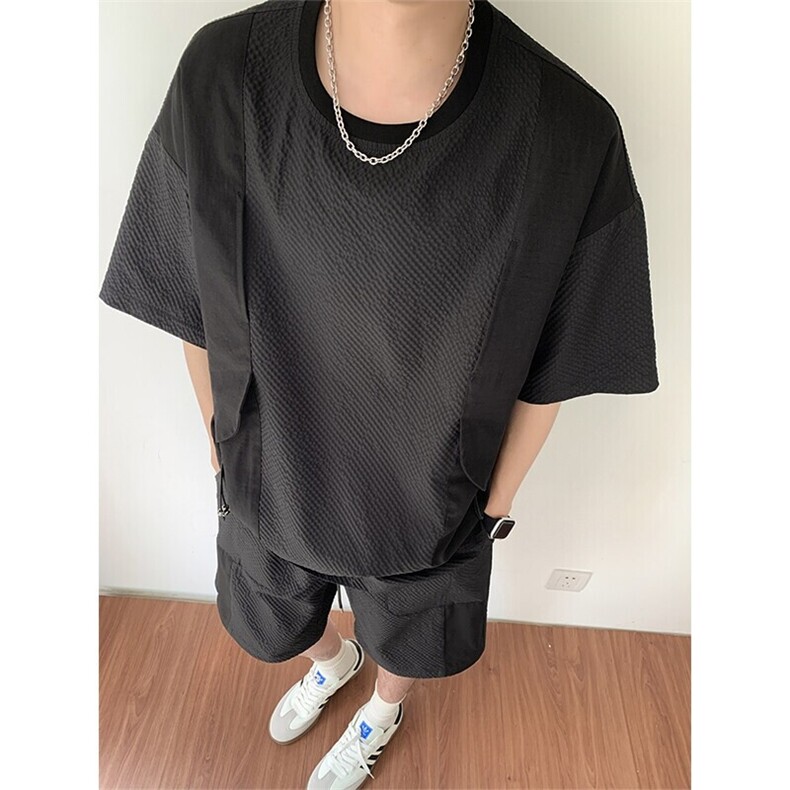 特批P50无差价夏季泡泡格圆领百搭短袖套装宽松速干两件套TZ5352,男装T恤,电商A001-1