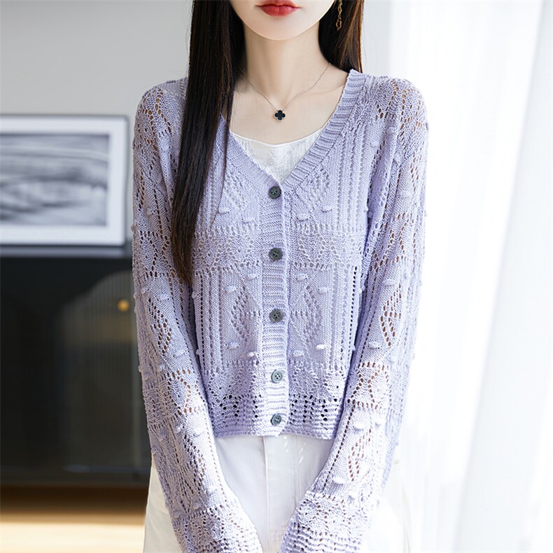 镂空针织开衫长袖短外套防晒女2025夏V领亚麻小个子空调罩衫上衣,女装T恤,朝思羊绒