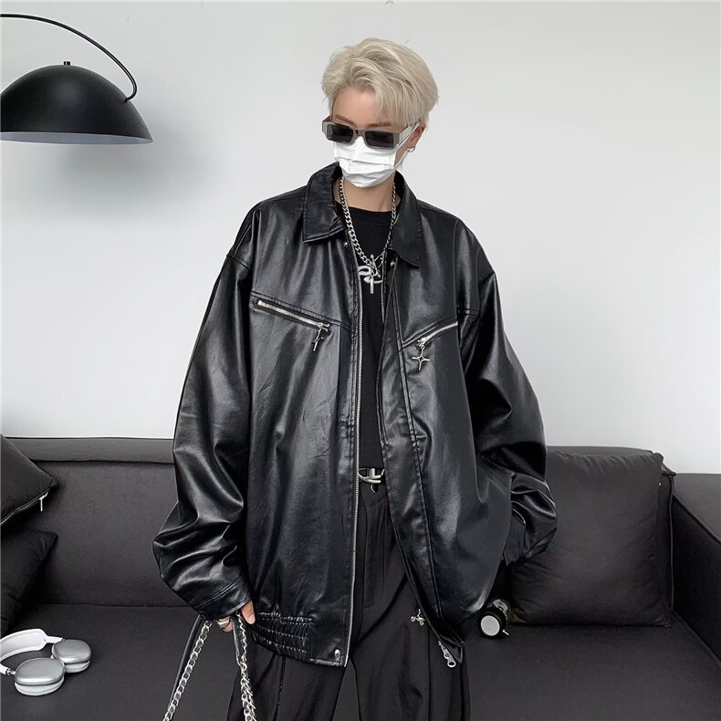 美式设计感拉链皮衣外套男女春秋季高级感宽松机车夹克潮JK8531,男装夹克,星座1116A-1（原606A）