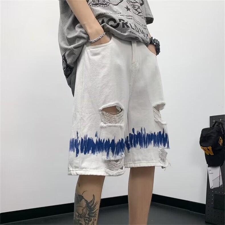 轧染破洞牛仔短裤男夏季五分裤水洗做旧美式裤子直筒中裤~DK171,男装牛仔裤,星座601-2
