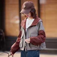时尚撞色学生外套女2024韩系早秋宽松休闲爆款工装连帽夹克上衣，女装短外套，慧尚依恋