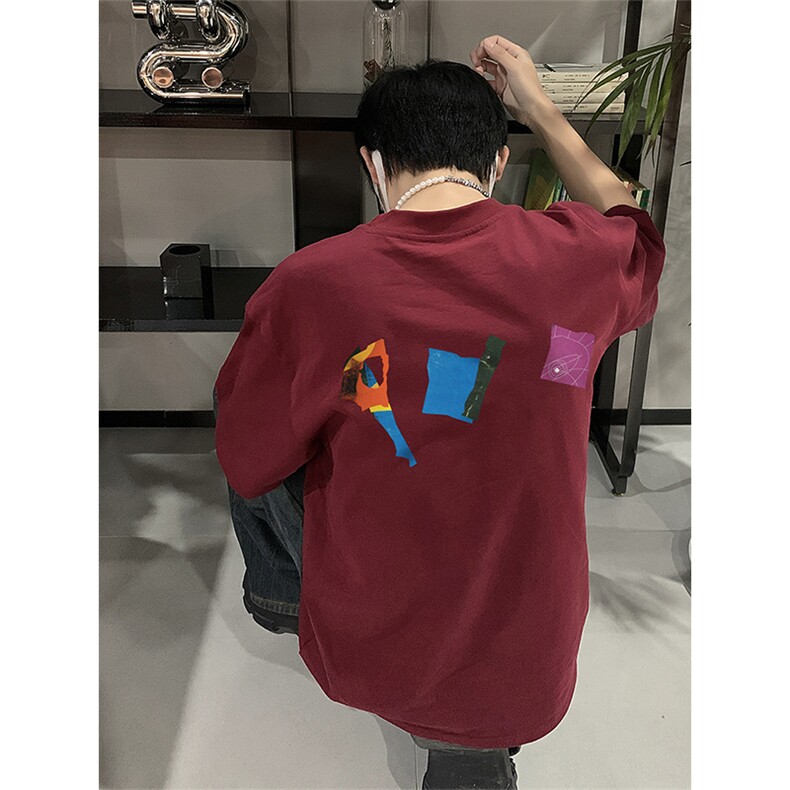 已做版权拼贴画设计感宽松落肩艺术风短袖纯棉高级感t恤T90-P28,男装T恤,星座205-5