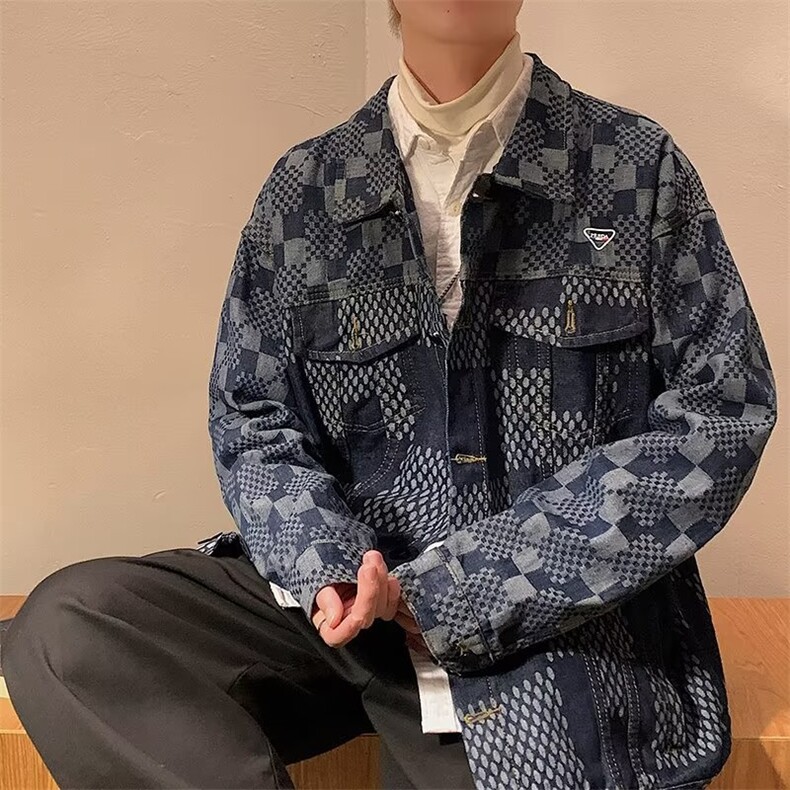 潮复古格纹拼接牛仔外套男春秋新款宽松bf风休闲夹克JD0015P65,男装夹克,星座1116-2