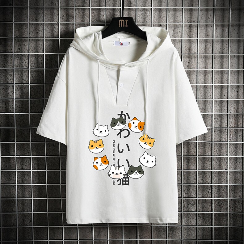 LD54216-P45 连帽短袖t恤男大码胖子带帽五分袖中袖 网格挂拍图片