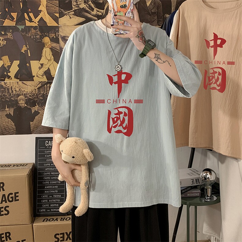 YT26198-P30亚短袖t恤男大码五分袖男宽松七分袖海报风,男装T恤,电商A040