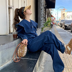 现货可盐可甜系娃娃领牛仔连体裤，女装连体裤，菡迪欧娜