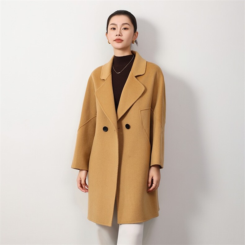 秋冬新款简约宽松韩版中长款羊毛双面呢大衣，女装毛呢外套，爱绒人羊绒大衣工厂店