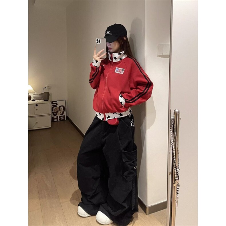 潮酷美式撞色卫衣外套女帅气街头休闲复古拉链开衫宽松上衣,女装短外套,星座506A