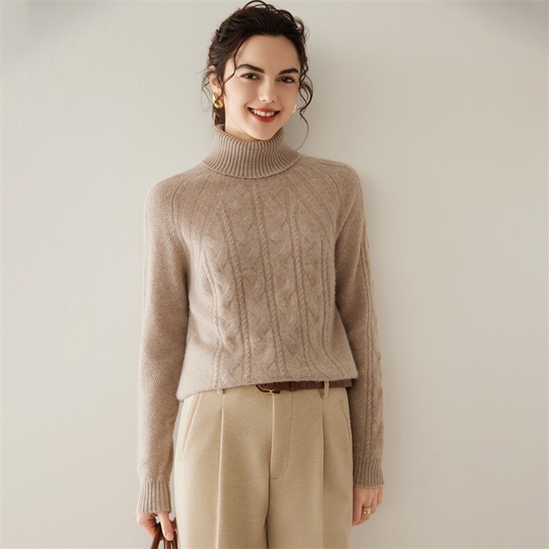 麻花高领绞花35%羊绒衫女秋冬新款加厚加绒宽松大码保暖套头，女装羊绒衫，轩妮羊绒